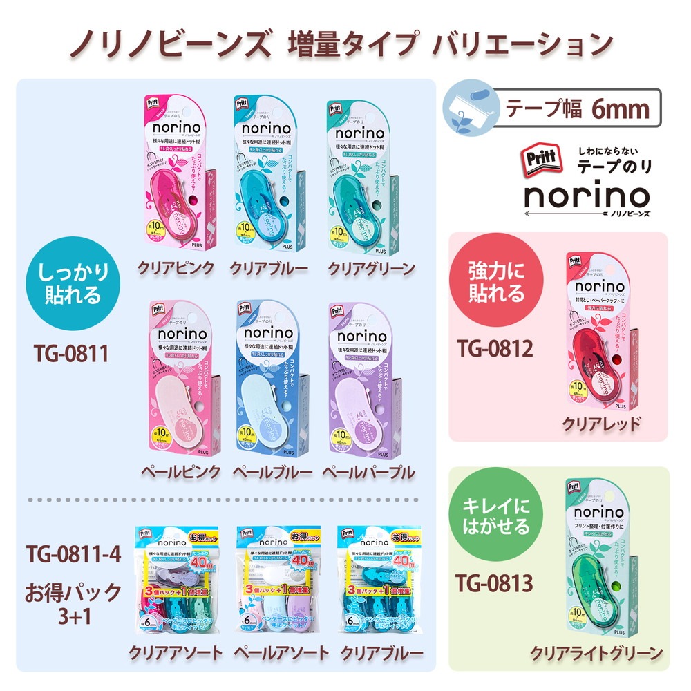 プラス PLUS テープのり ノリノビーンズ 強力に貼れる クリアレッド TG