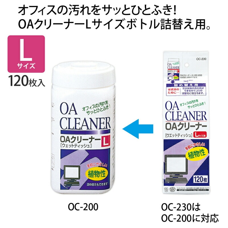 プラス(PLUS) OAクリーナー ウェットティッシュタイプ Lサイズボトル 詰替え用 120枚入 OC-230　68-726