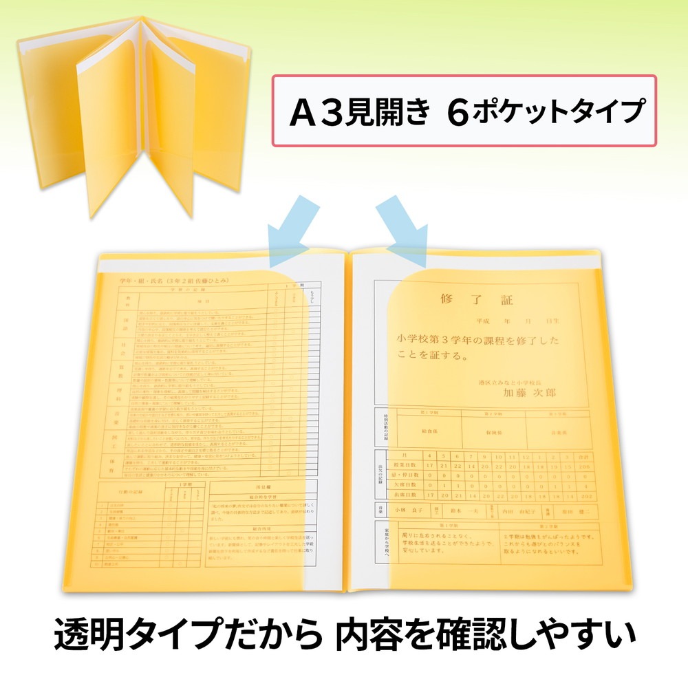 プラス(PLUS) クリアホルダー 通知表ホルダー 6ポケット 見開き収容可