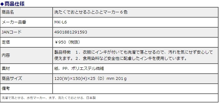 サクラクレパス 洗たくでおとせるふとふとマーカー 6色 MK-L6