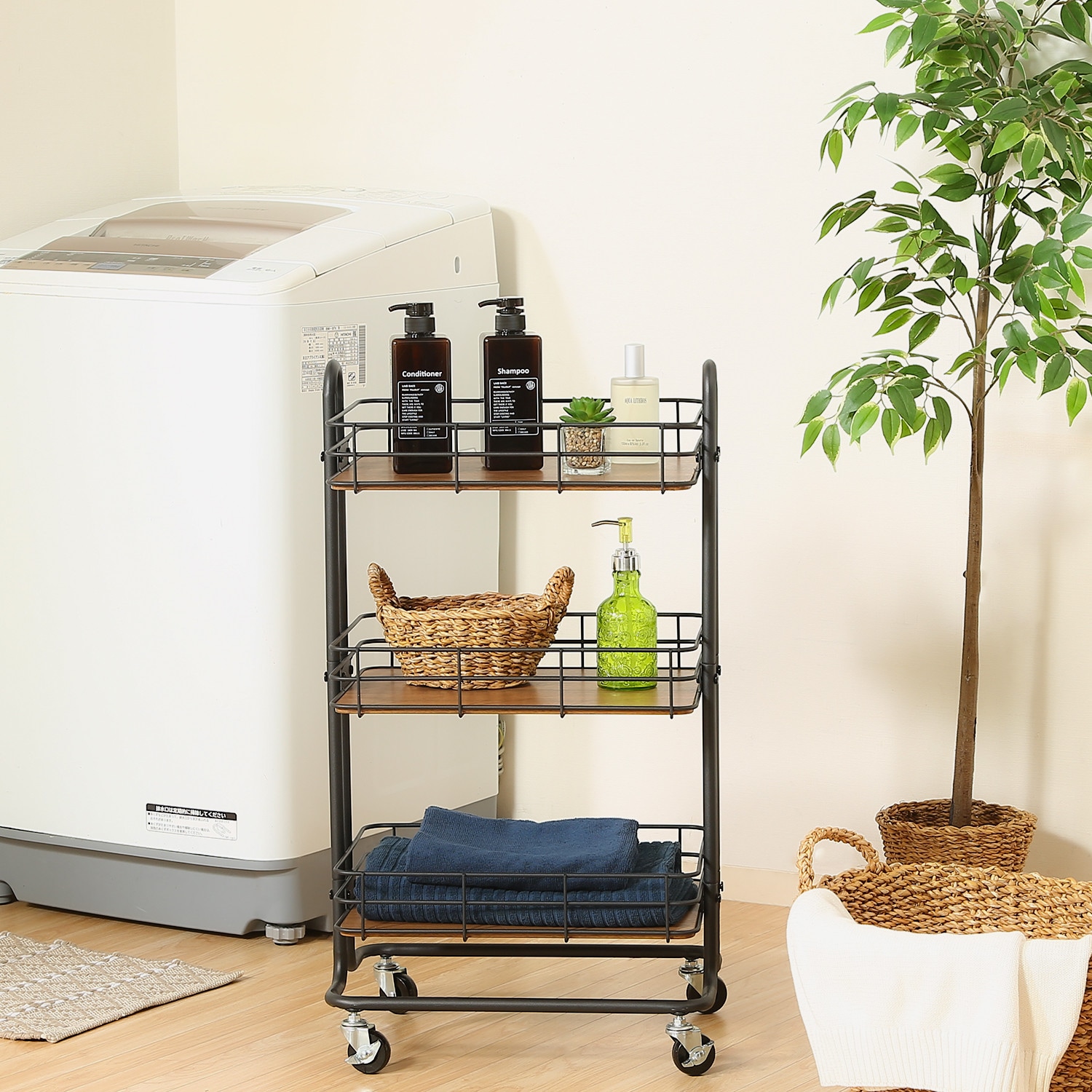 不二貿易 キッチンワゴン 3段バスケット 丈夫なスチールフレーム付き