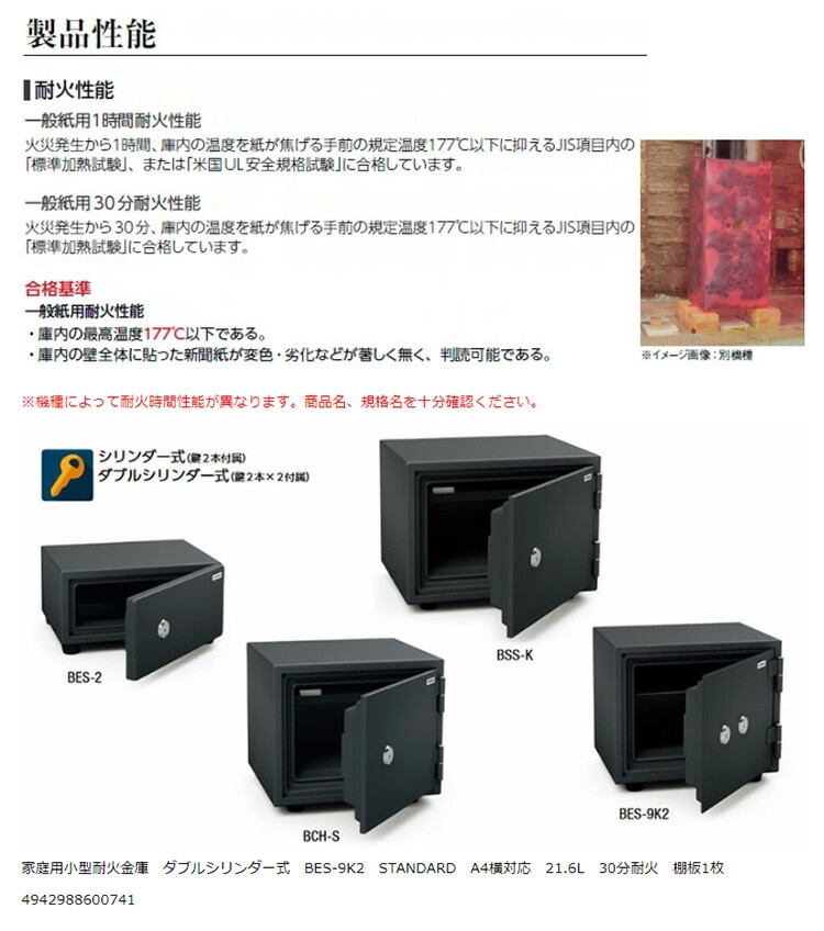 【開梱設置無料】エーコー 家庭用小型耐火金庫 STANDARD BES-9K2 (ダブルシリンダー式) A4横対応 30分耐火 21.6L 25kg 地震 災害 防災