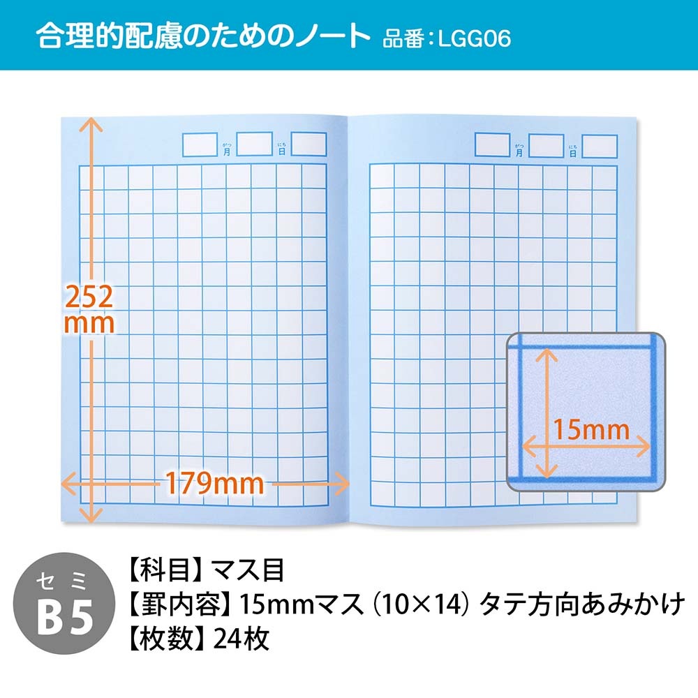 日本ノート nipponnote スクールラインプラス School Line+ 合理的配慮のためのノート マス目15mm アミカケ LGG06