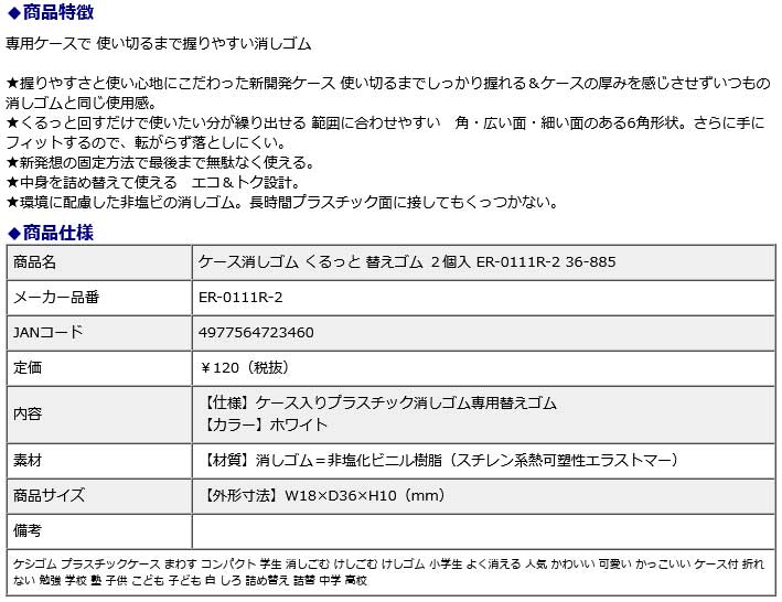プラス PLUS ケース消しゴム くるっと 替えゴム 2個入 ER-0111R-2 36-885