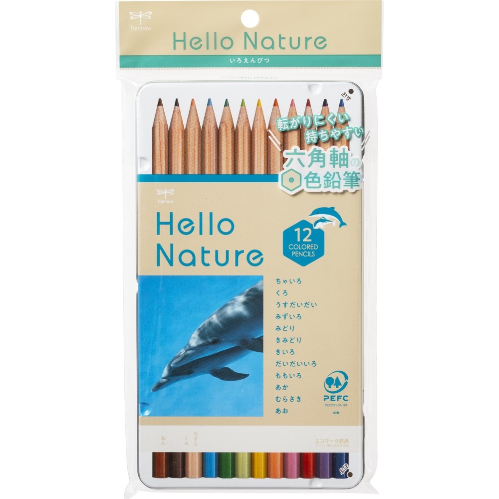 トンボ鉛筆 缶入色鉛筆 ハローネイチャー ハンドウイルカ 12色 CB-KHNDL0312C 六角軸 色えんぴつ
