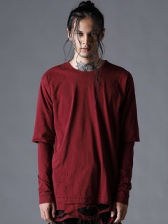 D.HYGEN・ディーハイゲン/30/-ソフトコットンジャージーダメージ加工レイヤードTシャツ/WINE