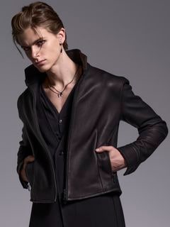 (ͽʡ78ͽ/kiryuyrik奦奦/Sheep Hide Stand Collar Short Blouson/Black