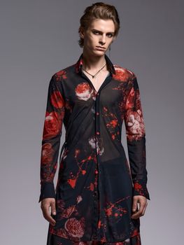 (ͽ���ʡ�7��8������ͽ��/kiryuyrik������奦����奦/Flora Mesh Flare Shirt/Black