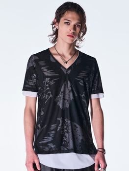 (ͽ���ʡ�8������9������ͽ��/kiryuyrik������奦����奦/Opal Mesh Layered T-Shirt/BlackWhite