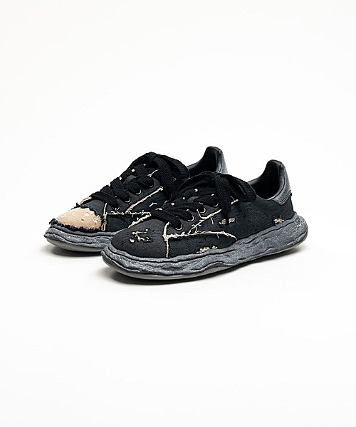 �㴰���Maison MIHARA YASUHIRO��CHARLES/original sole ripping and overdyeing canvas Low-Top sneakers/BLK/BLK