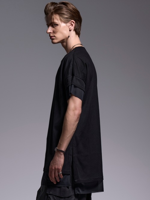 (ͽ���ʡ�7��8������ͽ��/kiryuyrik������奦����奦/Mesh Crew Neck Layered-T/Black