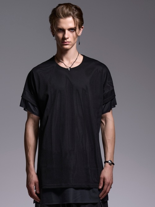 (ͽ���ʡ�7��8������ͽ��/kiryuyrik������奦����奦/Mesh Crew Neck Layered-T/Black
