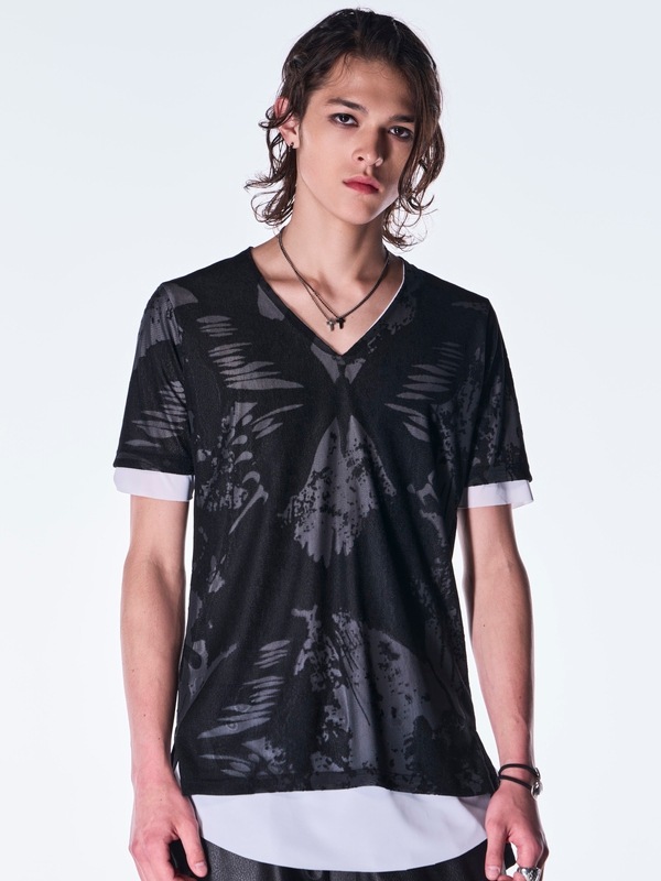(ͽ���ʡ�8������9������ͽ��/kiryuyrik������奦����奦/Opal Mesh Layered T-Shirt/BlackWhite