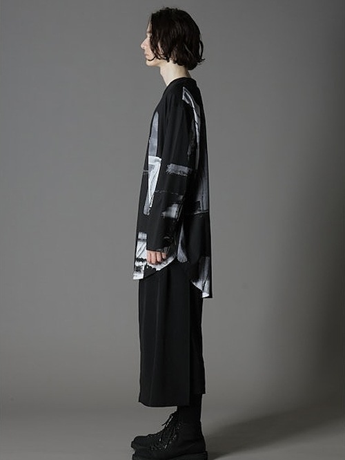 Ground Y饦ɥ磻/SILKETTE JERSEY W/ PAINT PATTERN HEM JUMBO LONG SLEEVED T-SHIRT/BLACKGRAY