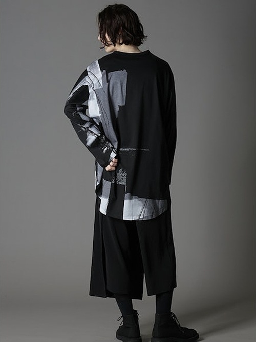 Ground Y饦ɥ磻/SILKETTE JERSEY W/ PAINT PATTERN HEM JUMBO LONG SLEEVED T-SHIRT/BLACKGRAY