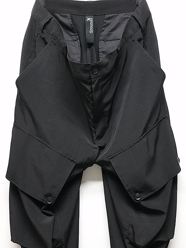 �㴰���Ground Y�����饦��ɥ磻/TA/PE CREPE DE CHINE ZIPPER JODHPURS CARGO PANTS/BLACK