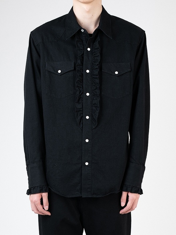 LAD MUSICIAN����å� �ߥ塼�������/6.5oz DENIM FRILL SHIRT/BLACK ONE WASH