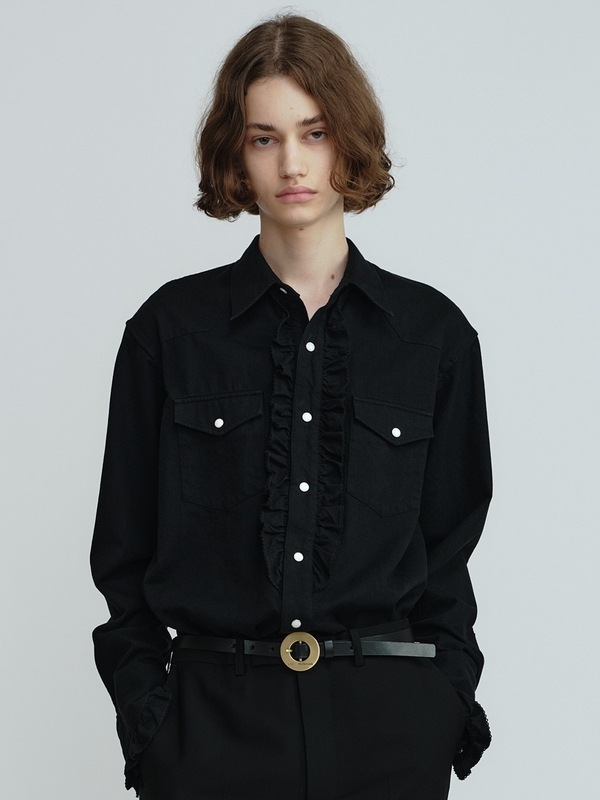 LAD MUSICIAN����å� �ߥ塼�������/6.5oz DENIM FRILL SHIRT/BLACK ONE WASH