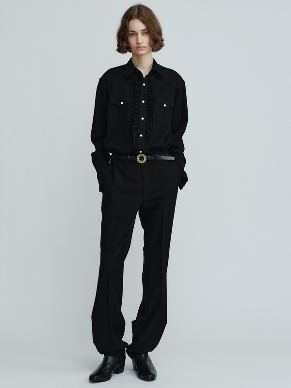 LAD MUSICIAN����å� �ߥ塼�������/6.5oz DENIM FRILL SHIRT/BLACK ONE WASH