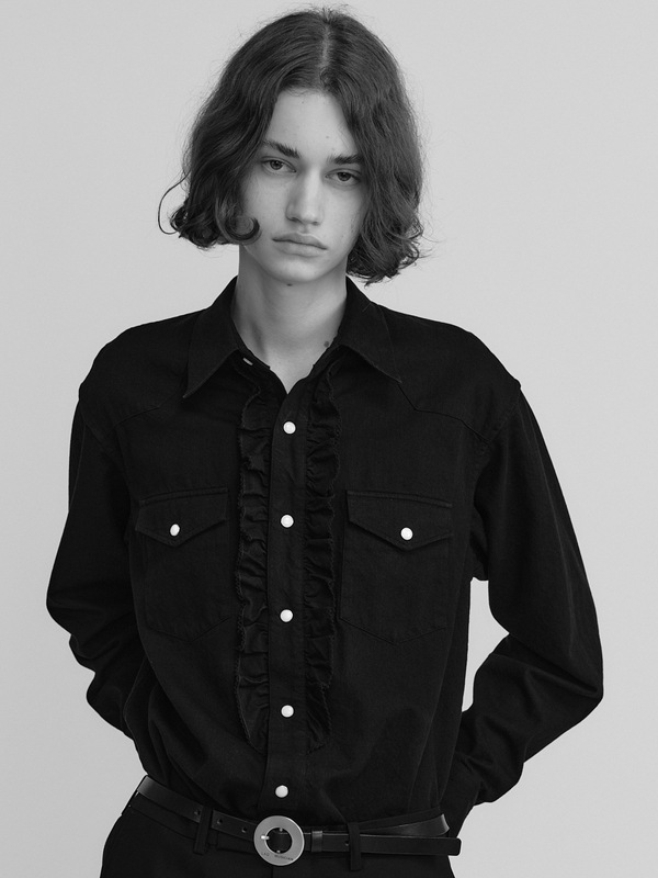 LAD MUSICIAN����å� �ߥ塼�������/6.5oz DENIM FRILL SHIRT/BLACK ONE WASH