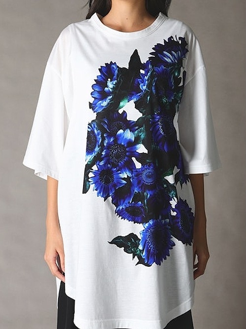 Ground Y�����饦��ɥ磻/JERSEY BLUE FLOWER+30-/COTTON JERSEY ROUND HEM JUMBO SHORT SLEEVED T/WHITE