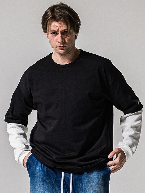 (ͽ���ʡ�2��3������ͽ��/39TH RESOUND CLOTHING���ꥵ����ɥ���������/LOOSE FIT fake layered waffle longsleave/BKWH