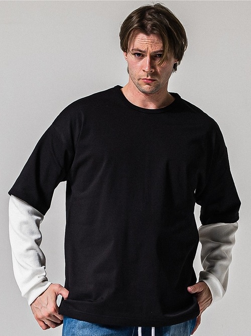 (ͽ���ʡ�2��3������ͽ��/39TH RESOUND CLOTHING���ꥵ����ɥ���������/LOOSE FIT fake layered waffle longsleave/BKWH