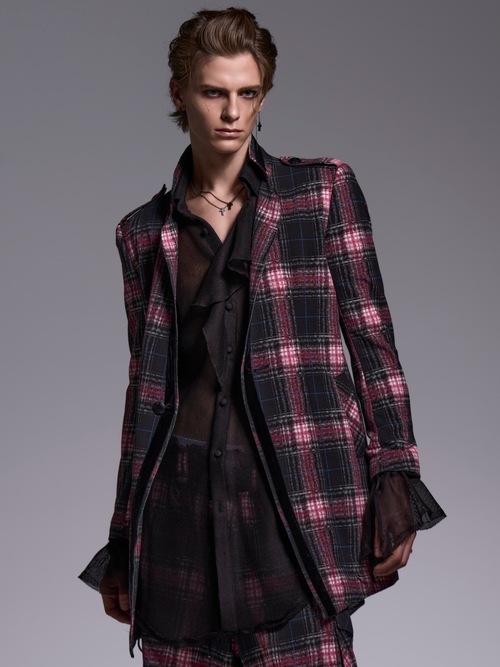 (ͽ���ʡ�7��8������ͽ��/kiryuyrik������奦����奦/Pink Check Twill Trimming Stando Collar Jacket/Black&Pink