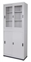 スチール書庫上下セット 上ガラス+下スチール引き戸書庫セット W900×D400*H2160mm A4三段対応ユニット書庫 スチールキャビネット 引き戸タイプ ベース付き 書類保管庫 書棚
