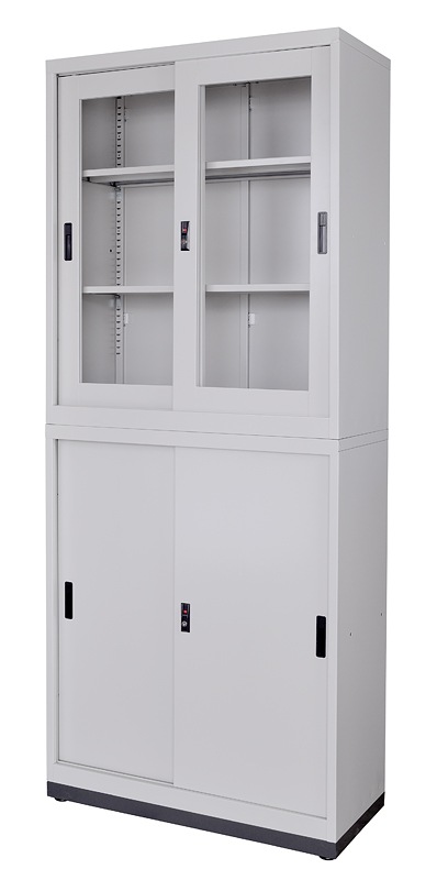 スチール書庫上下セット 上ガラス+下スチール引き戸書庫セット W900