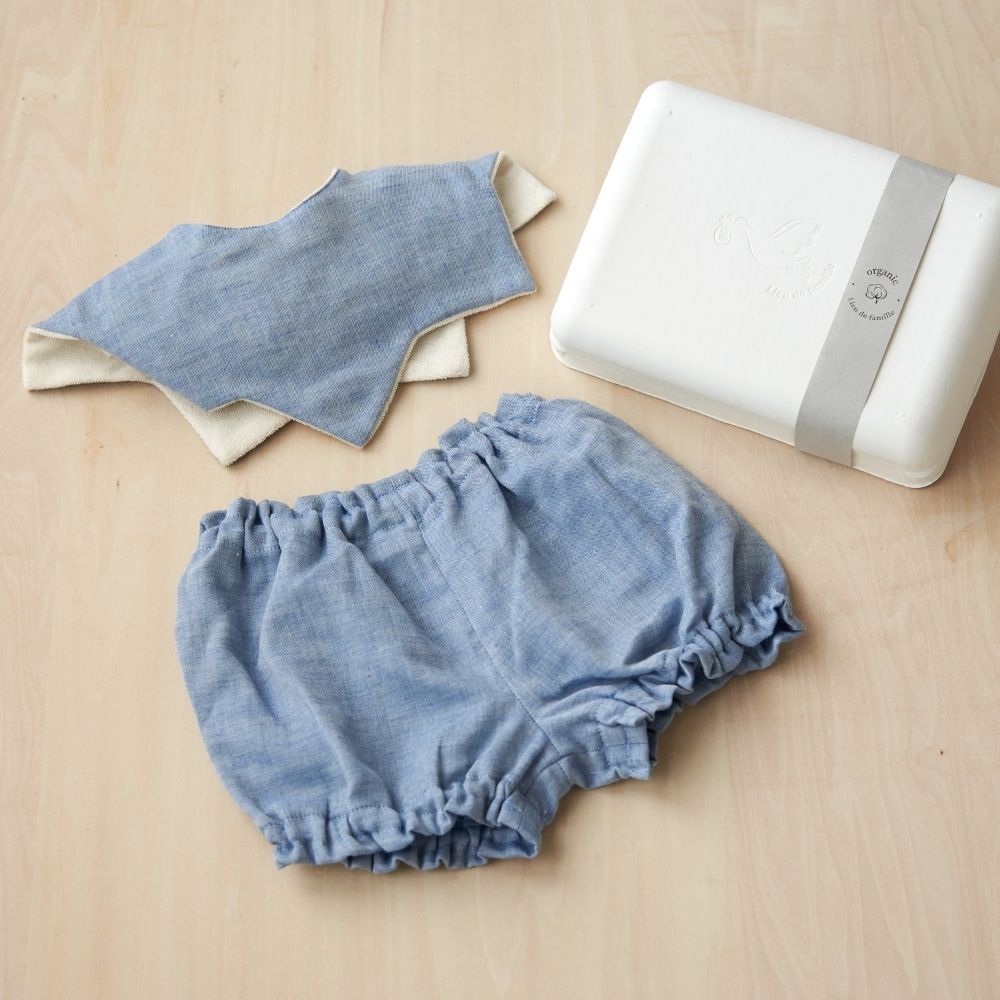 《在庫処分 半額》【日本製】organicコットン100% ギザギザスタイ＆ブルマセット Lien de famille リヤンドファミーユ 《ギフトBOX付き》キララ ブルー オフホワイト