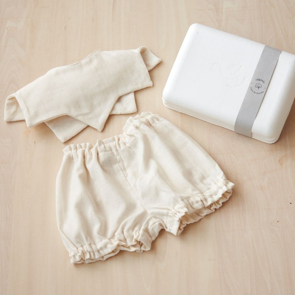 《在庫処分 半額》【日本製】organicコットン100% ギザギザスタイ＆ブルマセット Lien de famille リヤンドファミーユ 《ギフトBOX付き》キララ ブルー オフホワイト