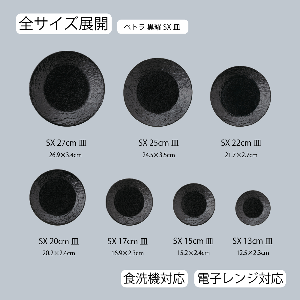【YAMATSU STANDARD】【 ペトラSX 平皿 黒耀 】 27cm 25cm 22cm 20cm 17cm 15cm 13cm 皿