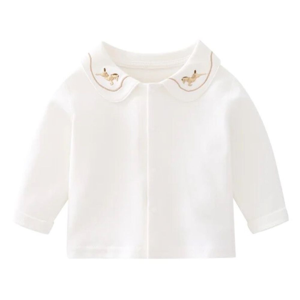 《在庫処分 半額》【0歳～4歳子供服】コットン100% 馬刺繍シャツ 長袖 丸襟 ブラウス