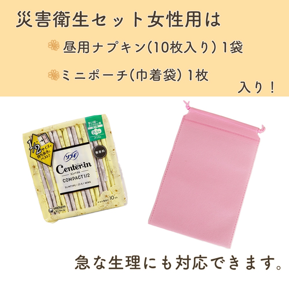 災害時も安心、衛生アイテム10点《災害衛生セット 女性用》防災セット 女性用 非常用持ち出し 災害対策 避難生活 清潔 地震対策 安心 ドライシャンプー 歯磨きシート 携帯用 からだ拭き 簡易トイレ フェイスタオル 不織布スリッパ 個包装 マスク ナプキン