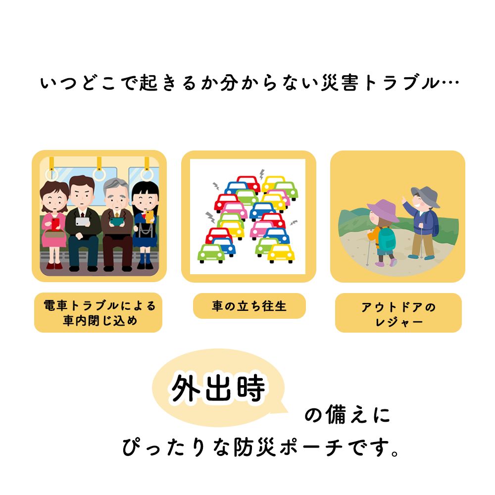 外出先での緊急事態に《災害常備ポーチ》災害対策 防災グッズ 非常用 防災セット 常備 コンパクト 軽量 持ち運び 便利 おしゃれ シンプル 水に強い 汚れに強い 防災カード 備蓄氷糖 ティッシュ 簡易トイレ マスク ホイッスル アルミブランケット 安心 安全