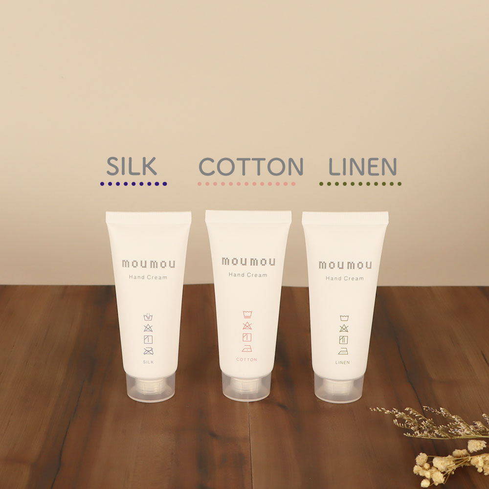 moumou ハンドクリーム ハンドケア コットン リネン シルク 天然保湿成分 ハンドクリーム 清潔感 さらっとした付け心地 乾燥 保湿 シアバター ホホバオイル シンプル ふわっと香る
