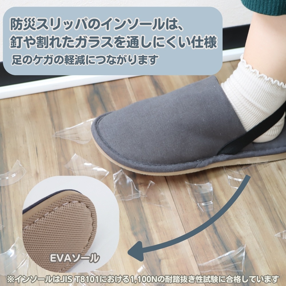 身近なアイテムから防災を《日常で使える防災スリッパ》災害対策 防災グッズ 防災靴 室内用 スリッパ オフィス用 室内履き 釘対策スリッパ ガラス片対策スリッパ インソール 滑り止め 踏み抜き防止 足元保護 かかと固定 移動用 日常防災  JIS規格対応