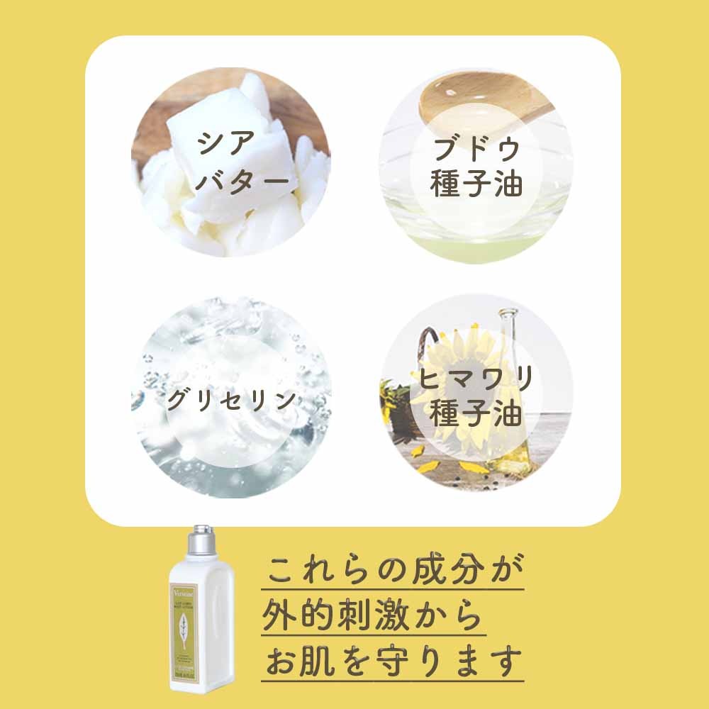 L’OCCITANE ヴァーベナ ボディミルク 250ml ボディケア ギフト プレゼント シアバター サンフラワーオイル うるおい シア脂 レモンの香り ゼラニウム 保湿 バスケア バス用品 ユニセックス LOCCITANE laccitane ロクシタン メンズ バスタイム シャワータイム