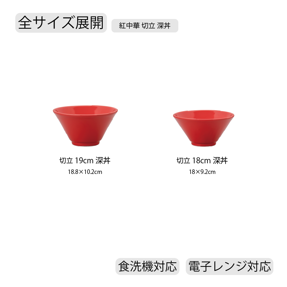 【YAMATSU STANDARD】【 紅中華 切立深丼 レッド 】 19cm 18cm 丼