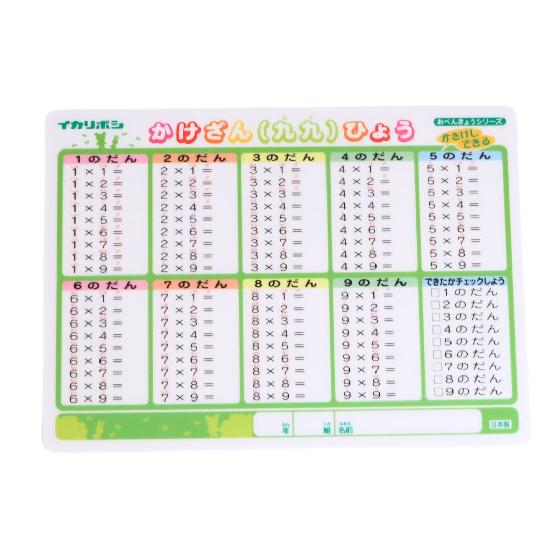何度でも！書いて消せるお勉強下敷き《書き消し出来る下敷き 九九・時間割》 したじき 練習 勉強 学習 九九 かけ算 算数 時間割 反復練習 知育 学校 塾 文房具 文具 小学生 中学生 なぞり書き 鉛筆 プラスチック
