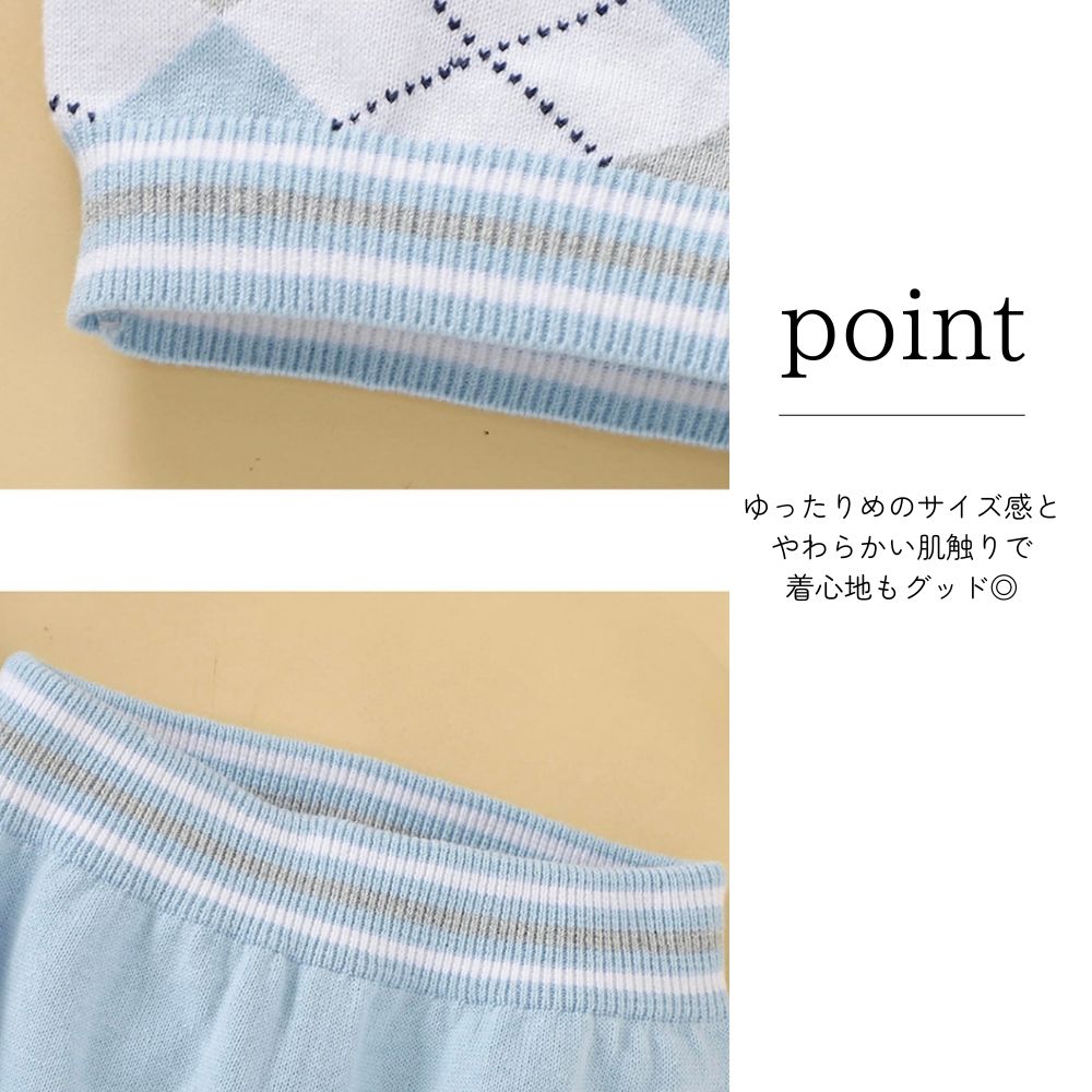 【０歳-４歳子供服】コットン100%　アーガイル柄セットアップ　summer knit