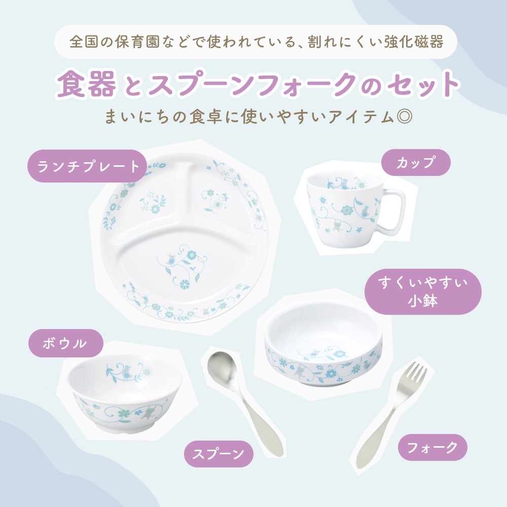 【ギフト箱】こども用食器4点&スプーンフォークセット【サラサブルー】
