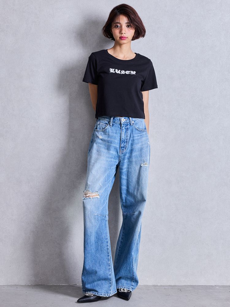 GYDA ハイウエストGG Stitch Barrel Leg ダメージデニムパンツ