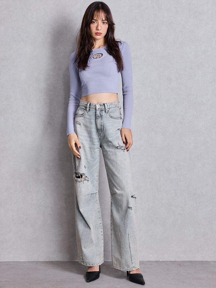 GYDA ハイウエストGG Stitch Barrel Leg ダメージデニムパンツ