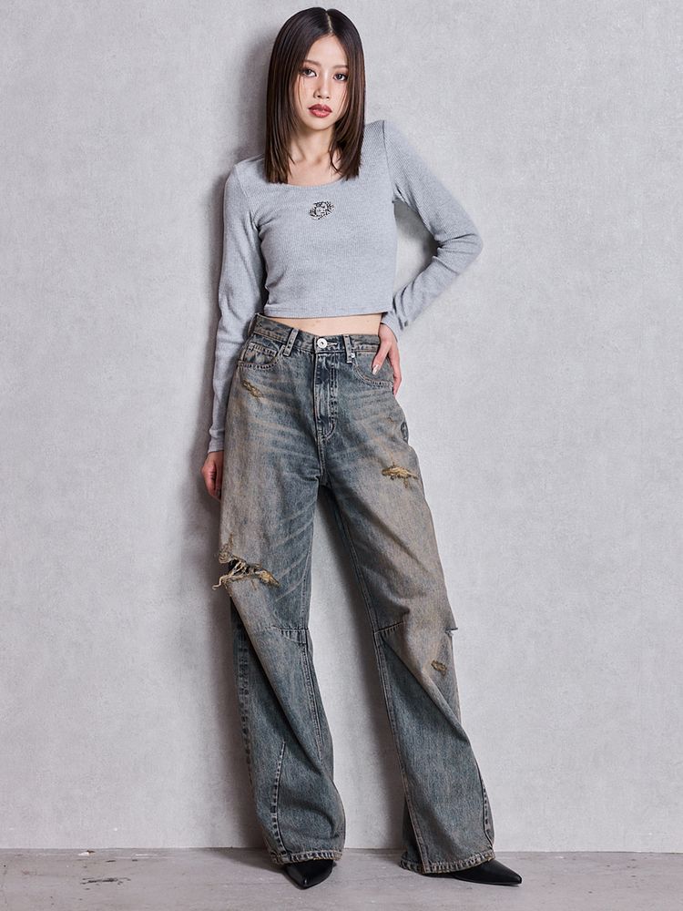 ハイウエスト GG Stitch Barrel Leg ダメージデニムパンツ ハイウエストGG Stitch Barrel Leg ダメージデニムパンツ[品番