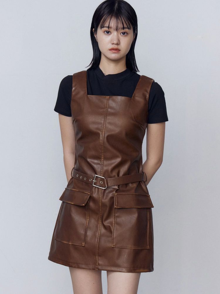 【新品未使用】EMODA フェイクレザーボックスワンピース ブラウン フェイクレザーボックスワンピース[品番：MKSW0031287]｜EMODA