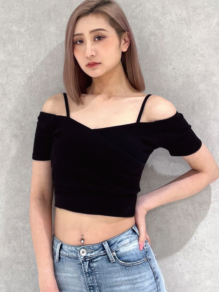 即日発送！GYDA ハーフスリーブカシュクールオフショルショートTOPS WH ハーフスリーブカシュクールオフショルショートトップス[品番