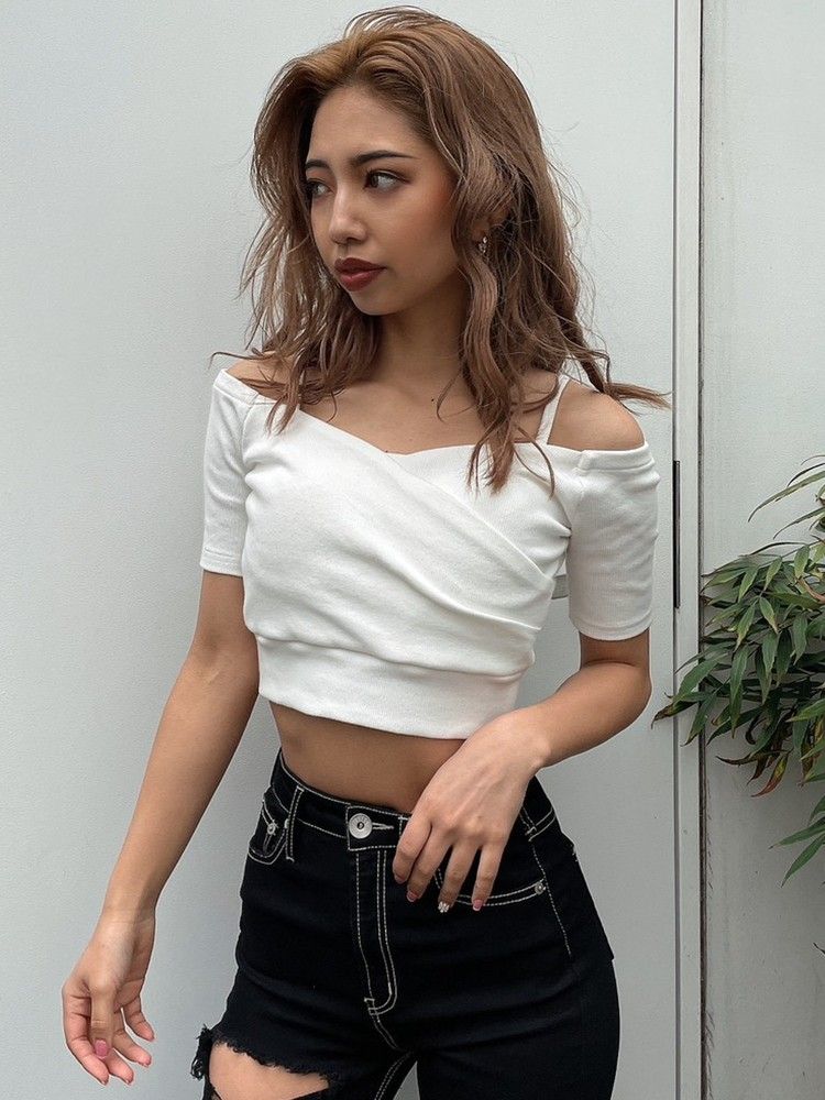 確認用！GYDA ハーフスリーブカシュクールオフショルショートTOPS BK SALE】GYDA ハーフスリーブカシュクールオフショルショート