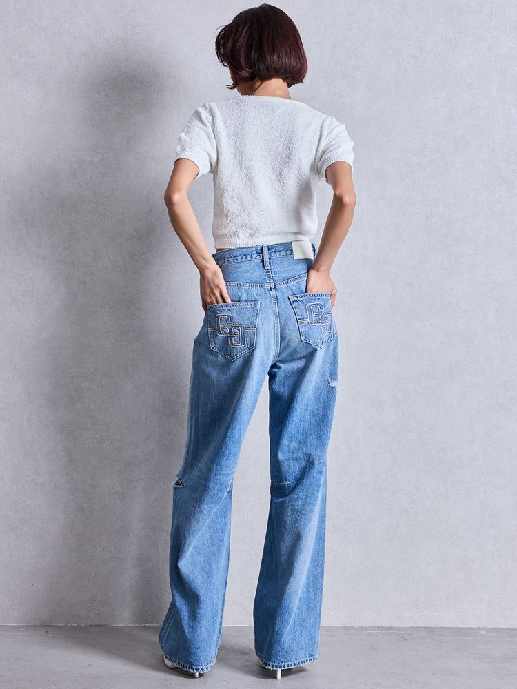GYDA ハイウエストGG Stitch Barrel Leg ダメージデニムパンツ